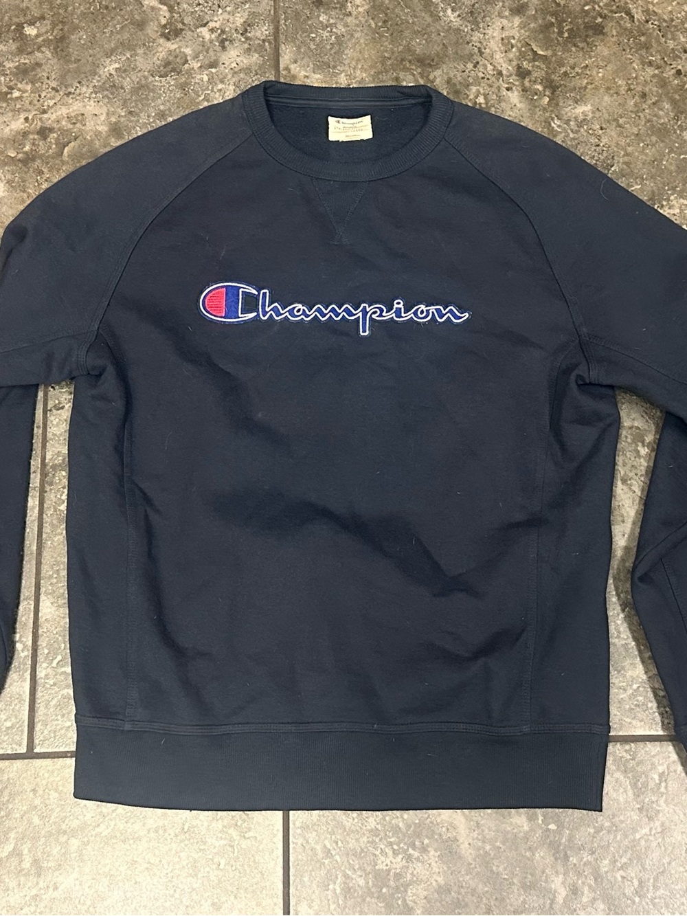 Vintage Champion Men's Navy Crewneck Sweatshirt with Embroidered Logo